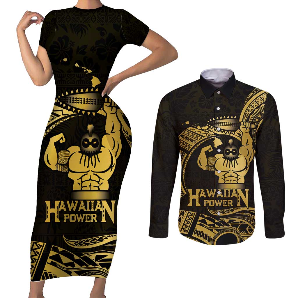 Gold Hawaii Ikaika Warrior Couples Matching Short Sleeve Bodycon Dress and Long Sleeve Button Shirt Hawaiian Power LT14 Gold - Polynesian Pride