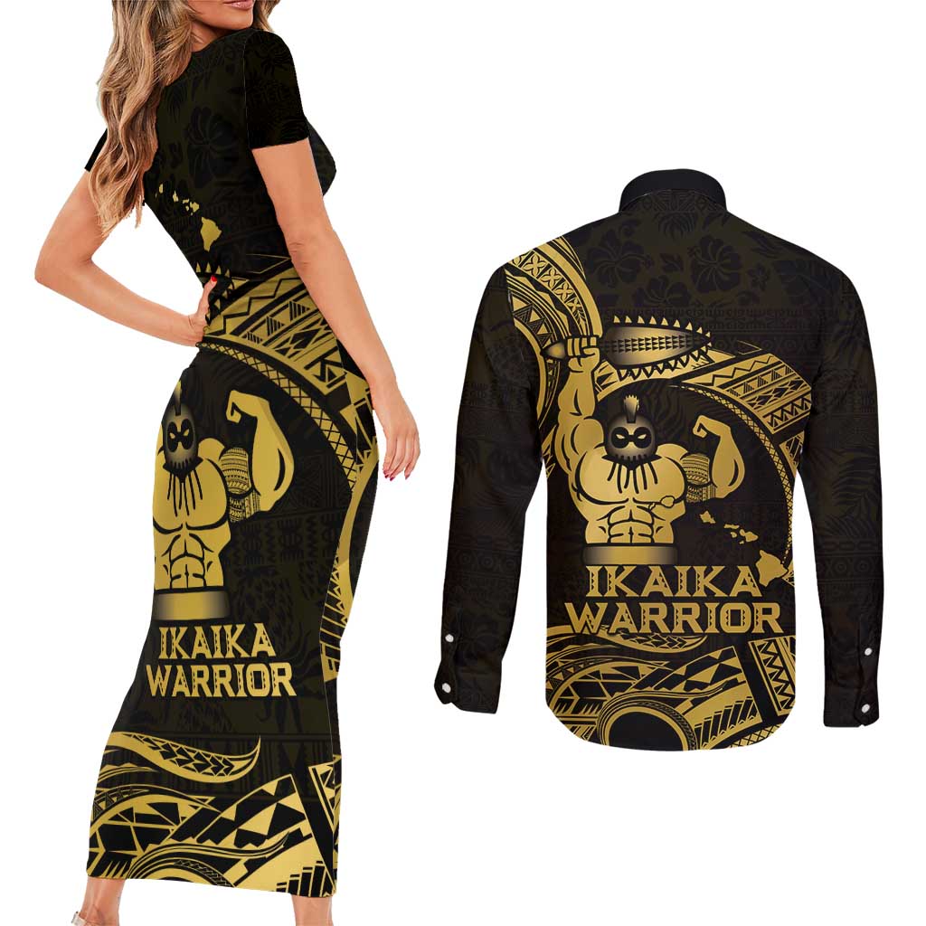 Gold Hawaii Ikaika Warrior Couples Matching Short Sleeve Bodycon Dress and Long Sleeve Button Shirt Hawaiian Power LT14 - Polynesian Pride