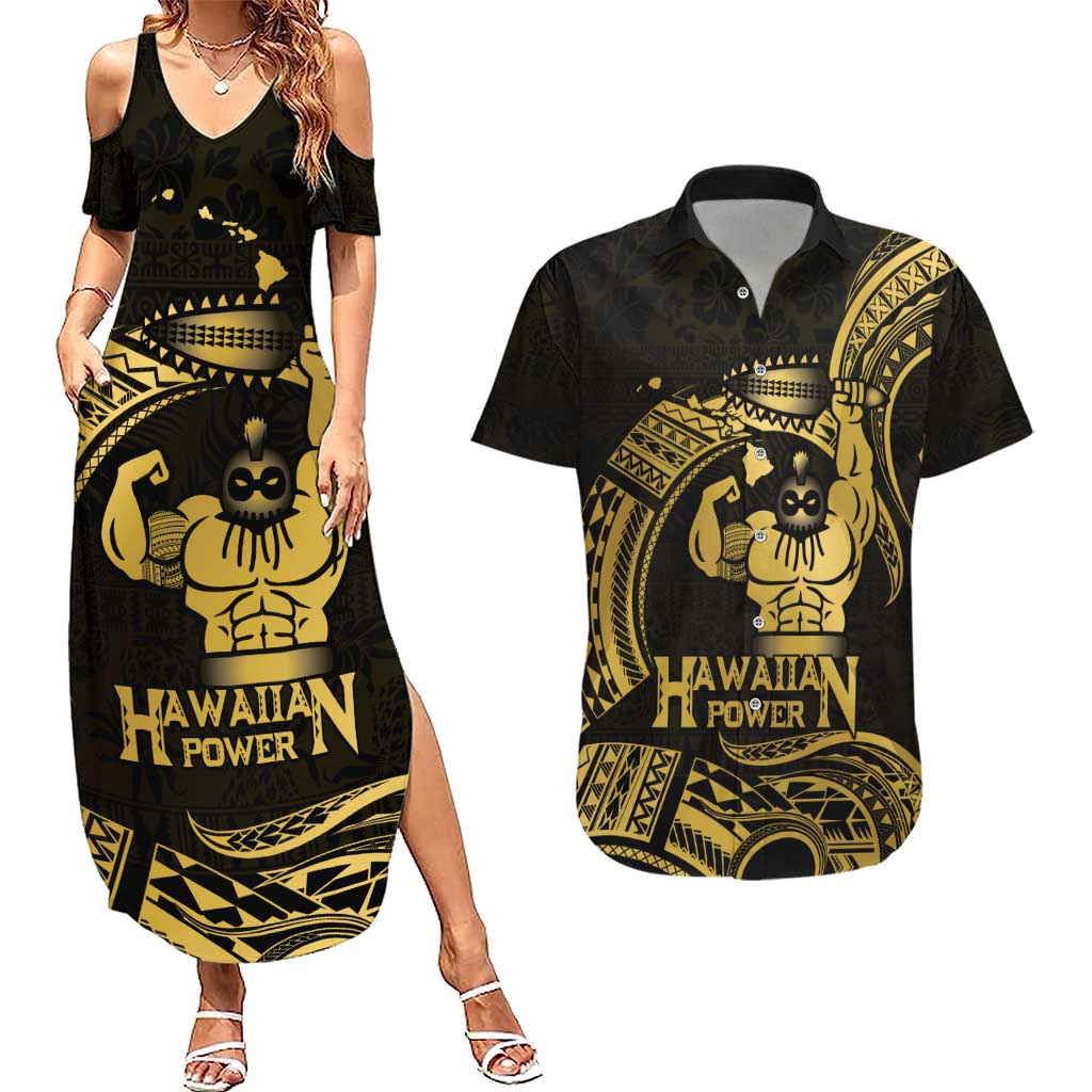 Gold Hawaii Ikaika Warrior Couples Matching Summer Maxi Dress and Hawaiian Shirt Hawaiian Power LT14 Gold - Polynesian Pride
