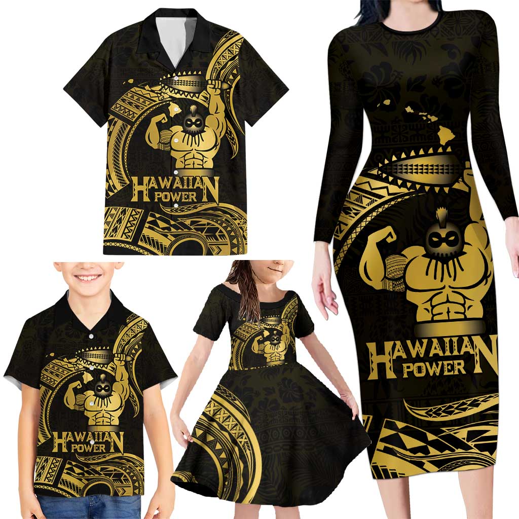Gold Hawaii Ikaika Warrior Family Matching Long Sleeve Bodycon Dress and Hawaiian Shirt Hawaiian Power LT14 - Polynesian Pride