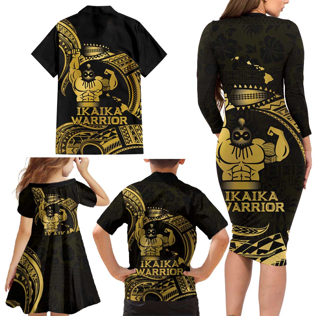 Gold Hawaii Ikaika Warrior Family Matching Long Sleeve Bodycon Dress and Hawaiian Shirt Hawaiian Power LT14 - Polynesian Pride