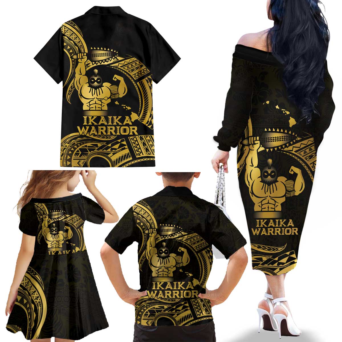 Gold Hawaii Ikaika Warrior Family Matching Off The Shoulder Long Sleeve Dress and Hawaiian Shirt Hawaiian Power