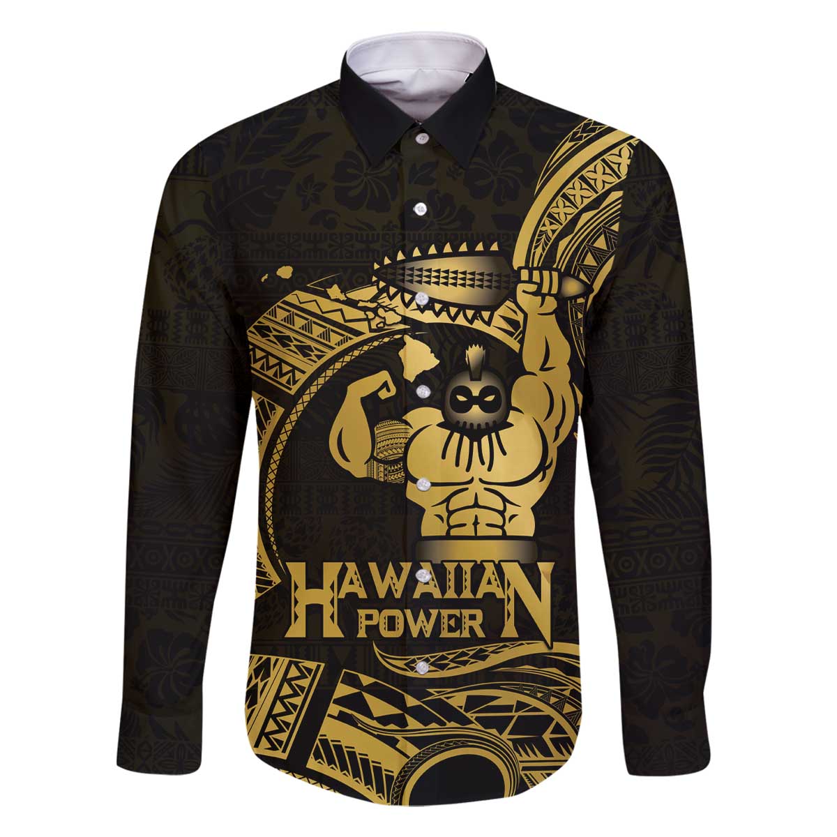 Gold Hawaii Ikaika Warrior Family Matching Off The Shoulder Long Sleeve Dress and Hawaiian Shirt Hawaiian Power