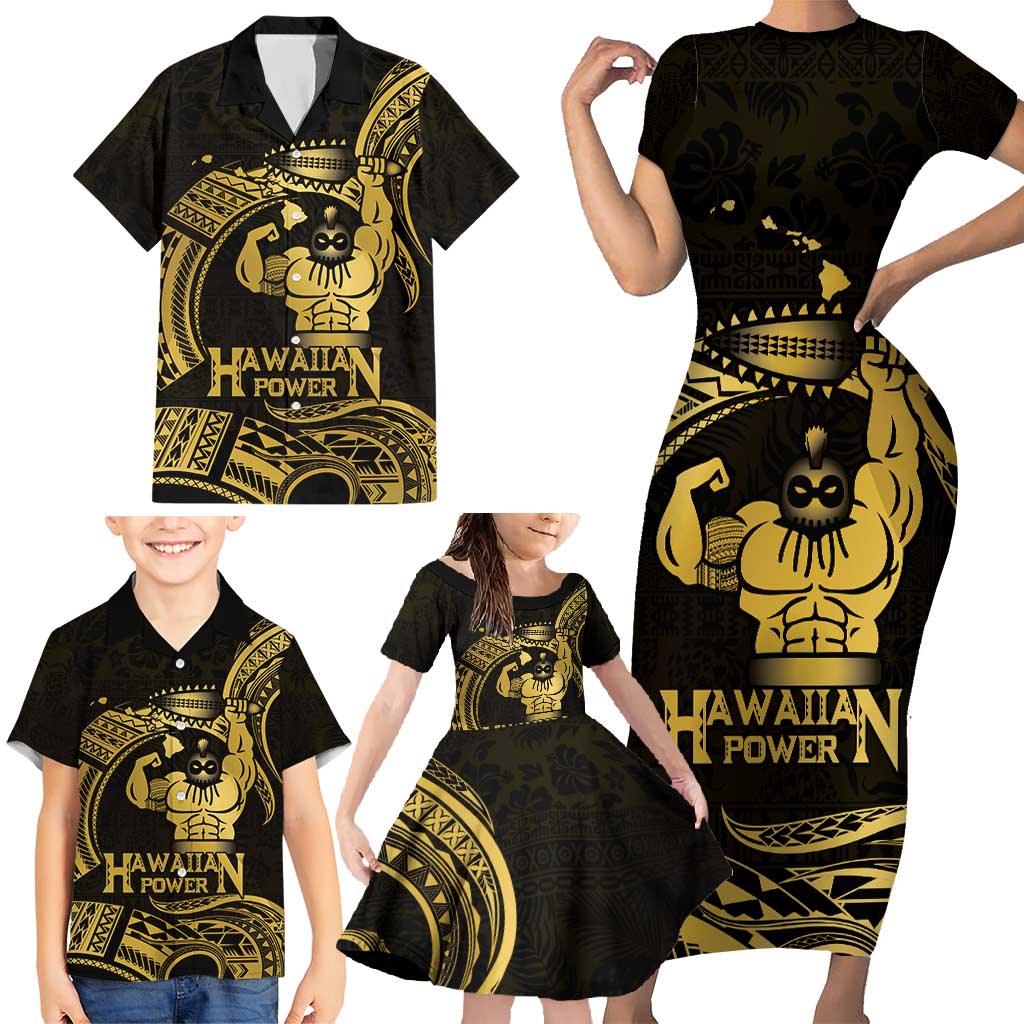 Gold Hawaii Ikaika Warrior Family Matching Short Sleeve Bodycon Dress and Hawaiian Shirt Hawaiian Power LT14 - Polynesian Pride