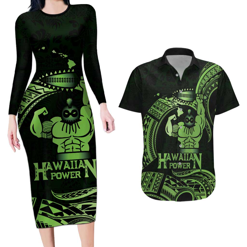Green Hawaii Ikaika Warrior Couples Matching Long Sleeve Bodycon Dress and Hawaiian Shirt Hawaiian Power