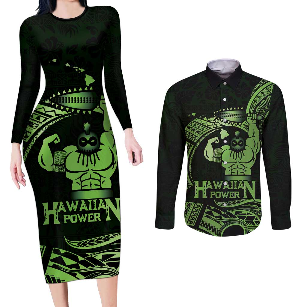 Green Hawaii Ikaika Warrior Couples Matching Long Sleeve Bodycon Dress and Long Sleeve Button Shirt Hawaiian Power LT14 Green - Polynesian Pride