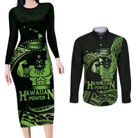 Green Hawaii Ikaika Warrior Couples Matching Long Sleeve Bodycon Dress and Long Sleeve Button Shirt Hawaiian Power LT14 Green - Polynesian Pride