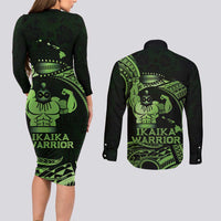 Green Hawaii Ikaika Warrior Couples Matching Long Sleeve Bodycon Dress and Long Sleeve Button Shirt Hawaiian Power LT14 - Polynesian Pride
