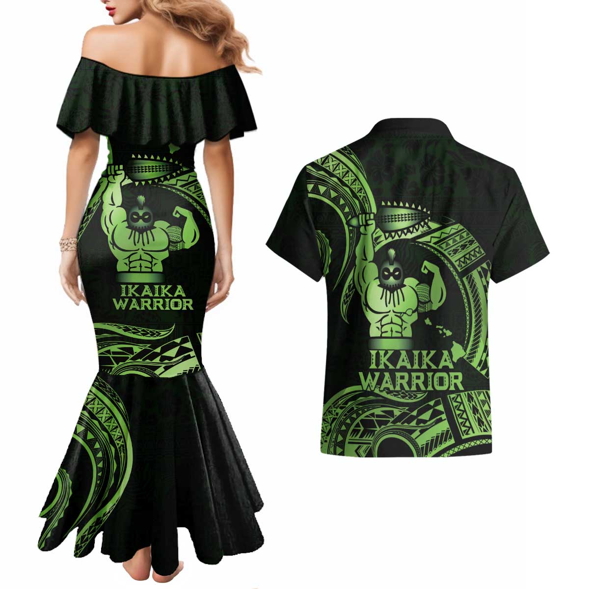 Green Hawaii Ikaika Warrior Couples Matching Mermaid Dress and Hawaiian Shirt Hawaiian Power LT14 - Polynesian Pride