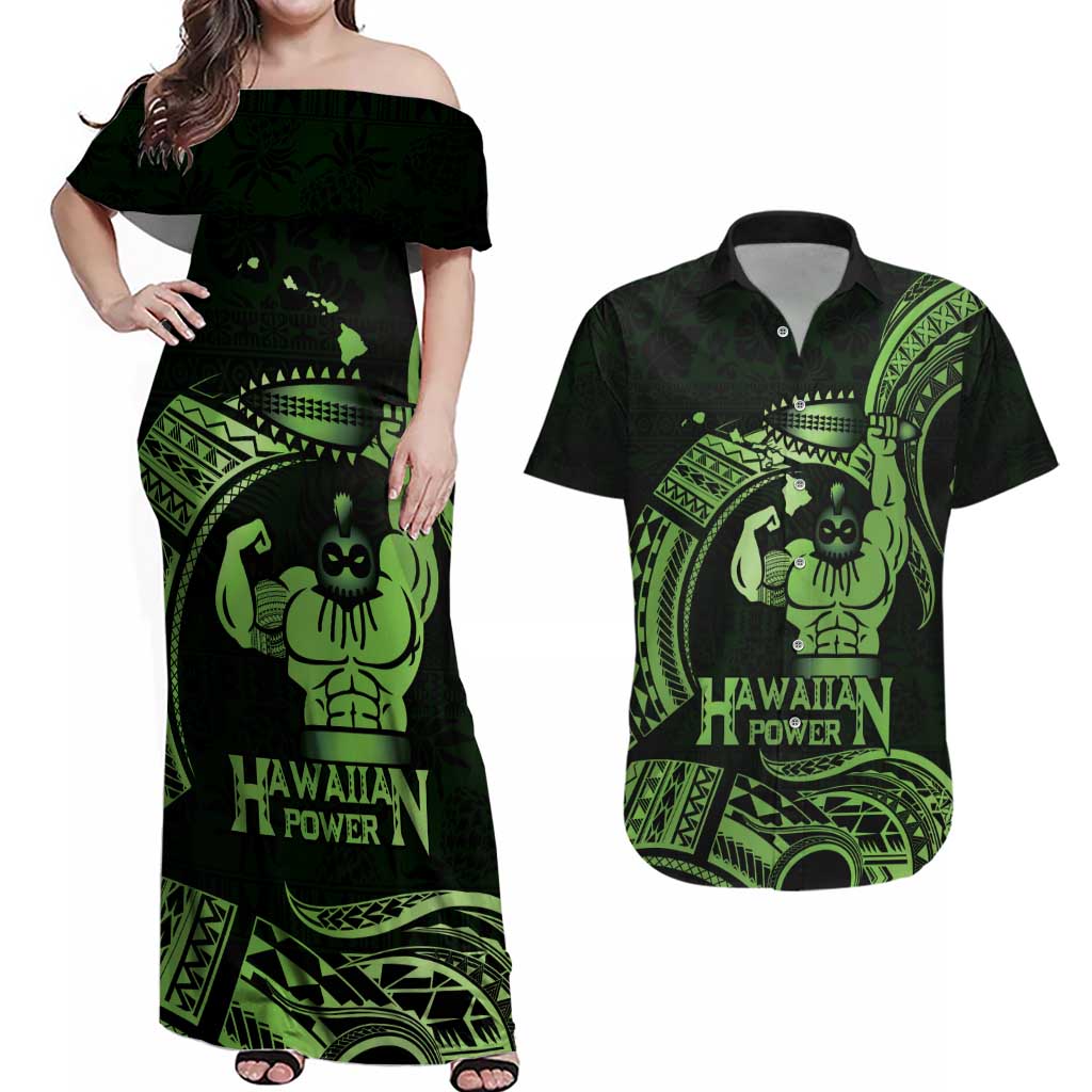 Green Hawaii Ikaika Warrior Couples Matching Off Shoulder Maxi Dress and Hawaiian Shirt Hawaiian Power