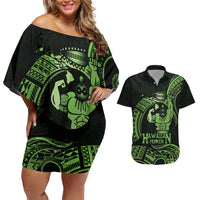 Green Hawaii Ikaika Warrior Couples Matching Off Shoulder Short Dress and Hawaiian Shirt Hawaiian Power LT14 Green - Polynesian Pride