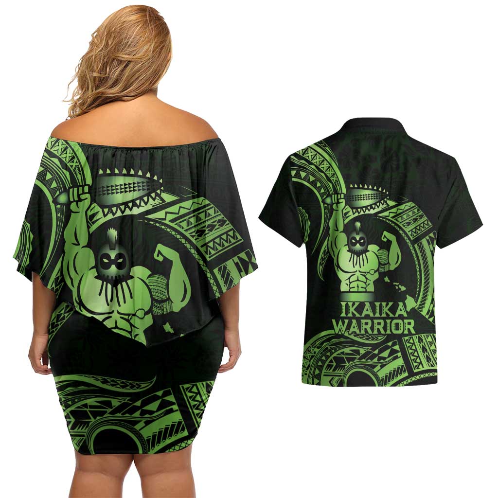 Green Hawaii Ikaika Warrior Couples Matching Off Shoulder Short Dress and Hawaiian Shirt Hawaiian Power LT14 - Polynesian Pride