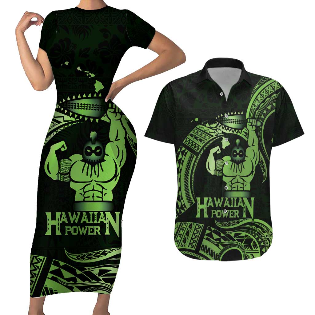 Green Hawaii Ikaika Warrior Couples Matching Short Sleeve Bodycon Dress and Hawaiian Shirt Hawaiian Power LT14 Green - Polynesian Pride