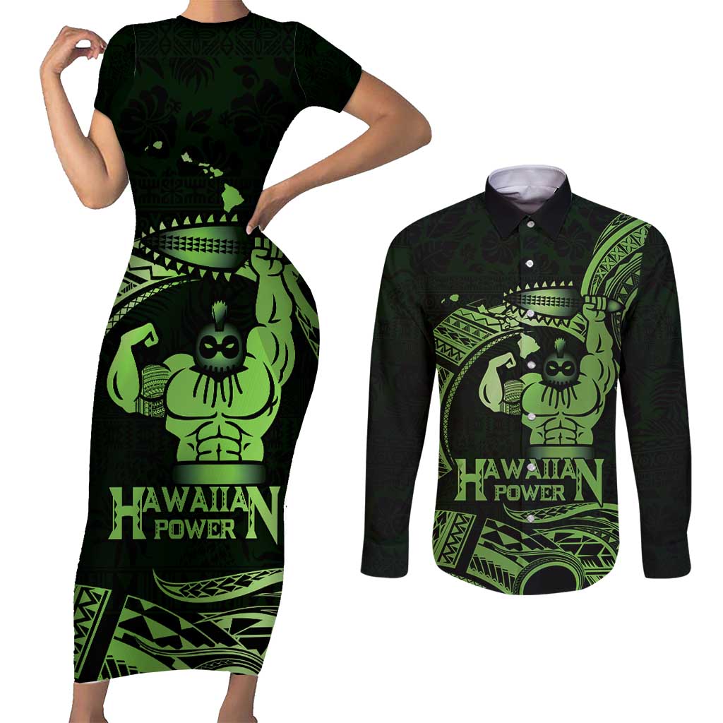 Green Hawaii Ikaika Warrior Couples Matching Short Sleeve Bodycon Dress and Long Sleeve Button Shirt Hawaiian Power LT14 Green - Polynesian Pride