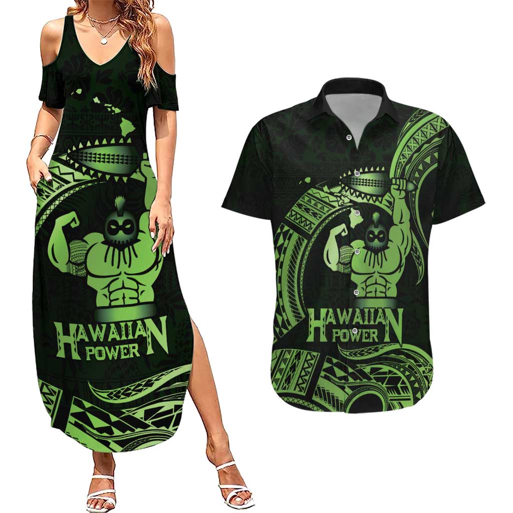Green Hawaii Ikaika Warrior Couples Matching Summer Maxi Dress and Hawaiian Shirt Hawaiian Power LT14 Green - Polynesian Pride