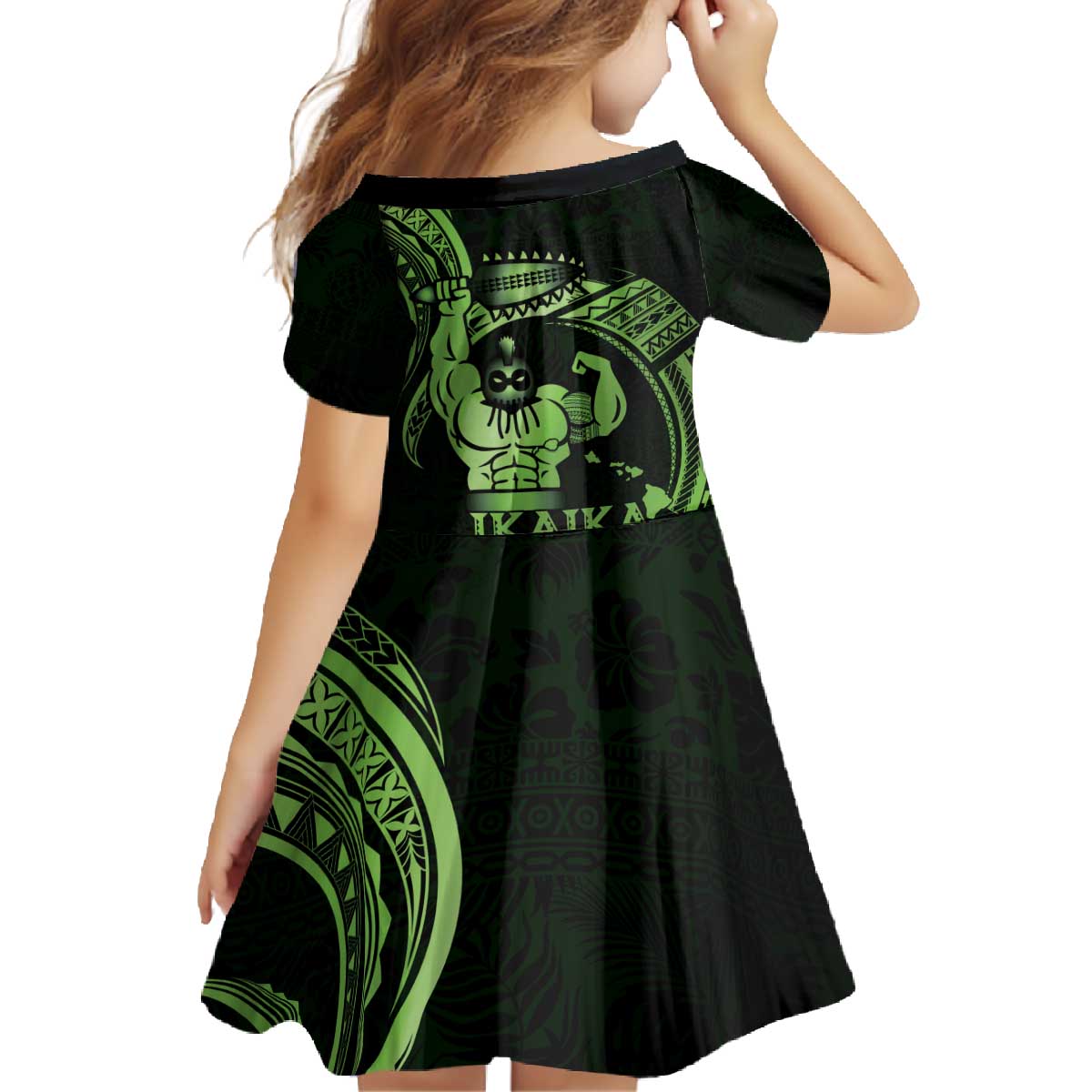 Green Hawaii Ikaika Warrior Family Matching Off The Shoulder Long Sleeve Dress and Hawaiian Shirt Hawaiian Power