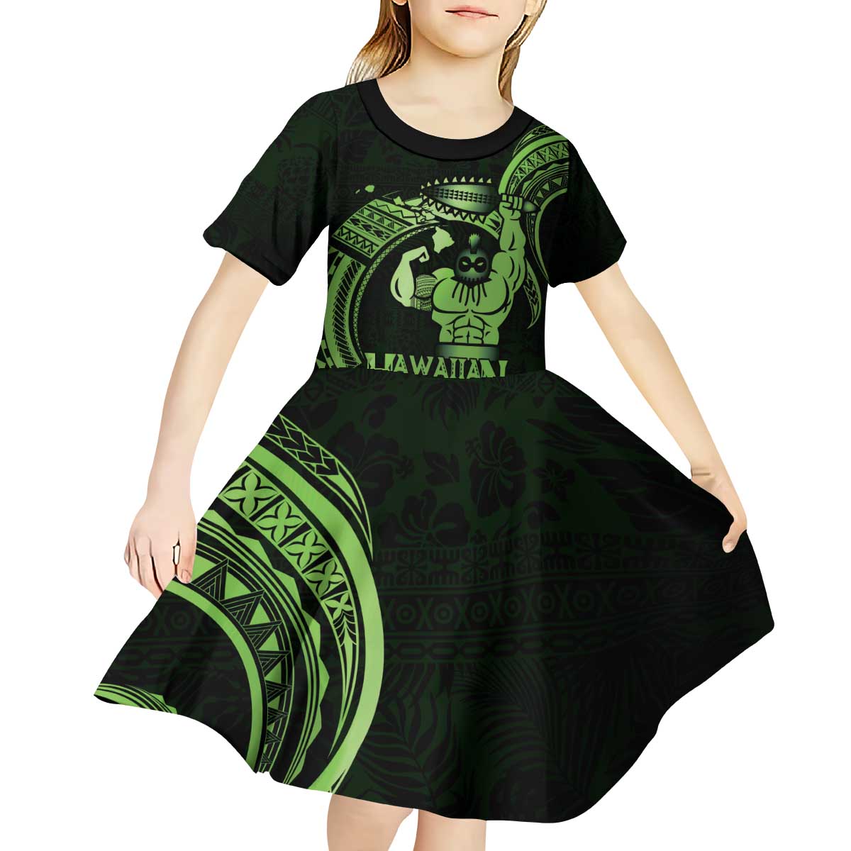 Green Hawaii Ikaika Warrior Kid Short Sleeve Dress Hawaiian Power LT14 - Polynesian Pride