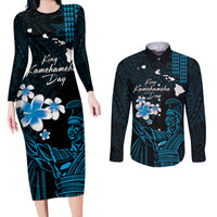 Personalised Hawaii King Kamehameha Day Couples Matching Long Sleeve Bodycon Dress and Long Sleeve Button Shirt Plumeria With Kakau Pattern - Blue