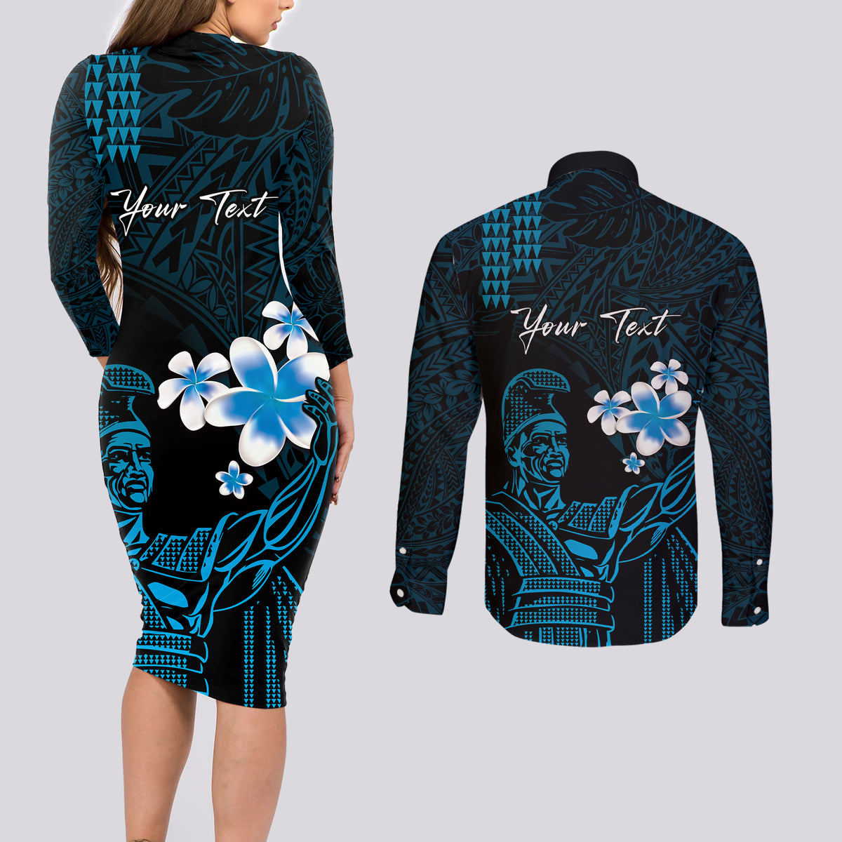 Personalised Hawaii King Kamehameha Day Couples Matching Long Sleeve Bodycon Dress and Long Sleeve Button Shirt Plumeria With Kakau Pattern - Blue