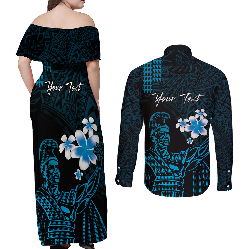 Personalised Hawaii King Kamehameha Day Couples Matching Off Shoulder Maxi Dress and Long Sleeve Button Shirt Plumeria With Kakau Pattern - Blue