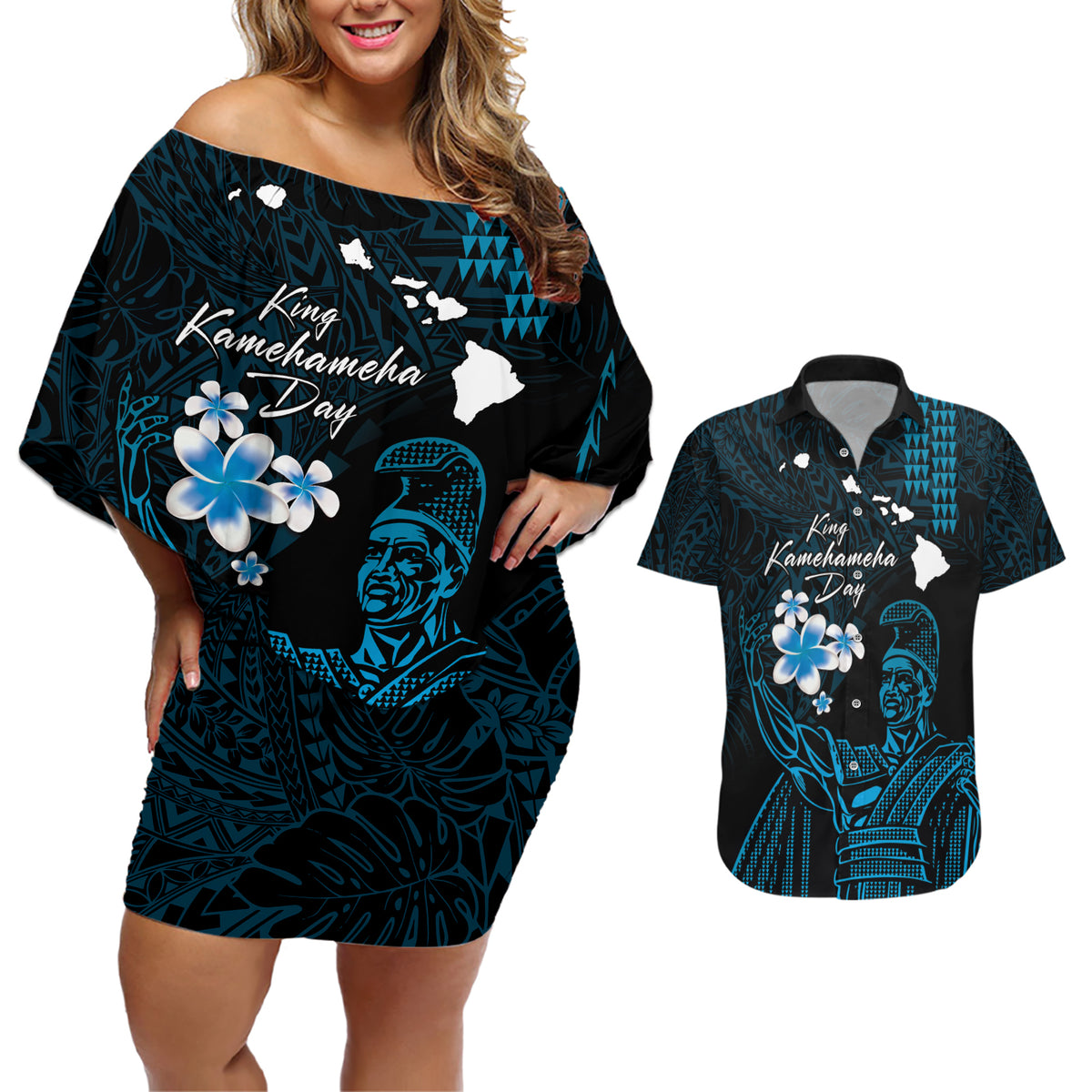 Personalised Hawaii King Kamehameha Day Couples Matching Off Shoulder Short Dress and Hawaiian Shirt Plumeria With Kakau Pattern - Blue