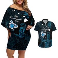 Personalised Hawaii King Kamehameha Day Couples Matching Off Shoulder Short Dress and Hawaiian Shirt Plumeria With Kakau Pattern - Blue