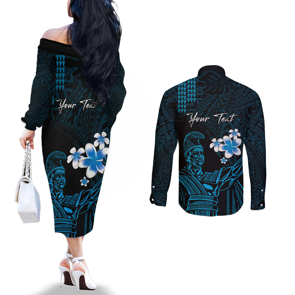 Personalised Hawaii King Kamehameha Day Couples Matching Off The Shoulder Long Sleeve Dress and Long Sleeve Button Shirt Plumeria With Kakau Pattern - Blue