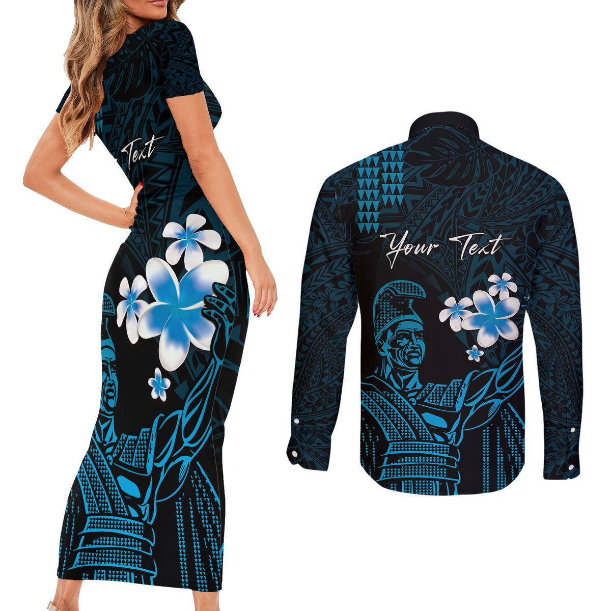 Personalised Hawaii King Kamehameha Day Couples Matching Short Sleeve Bodycon Dress and Long Sleeve Button Shirt Plumeria With Kakau Pattern - Blue