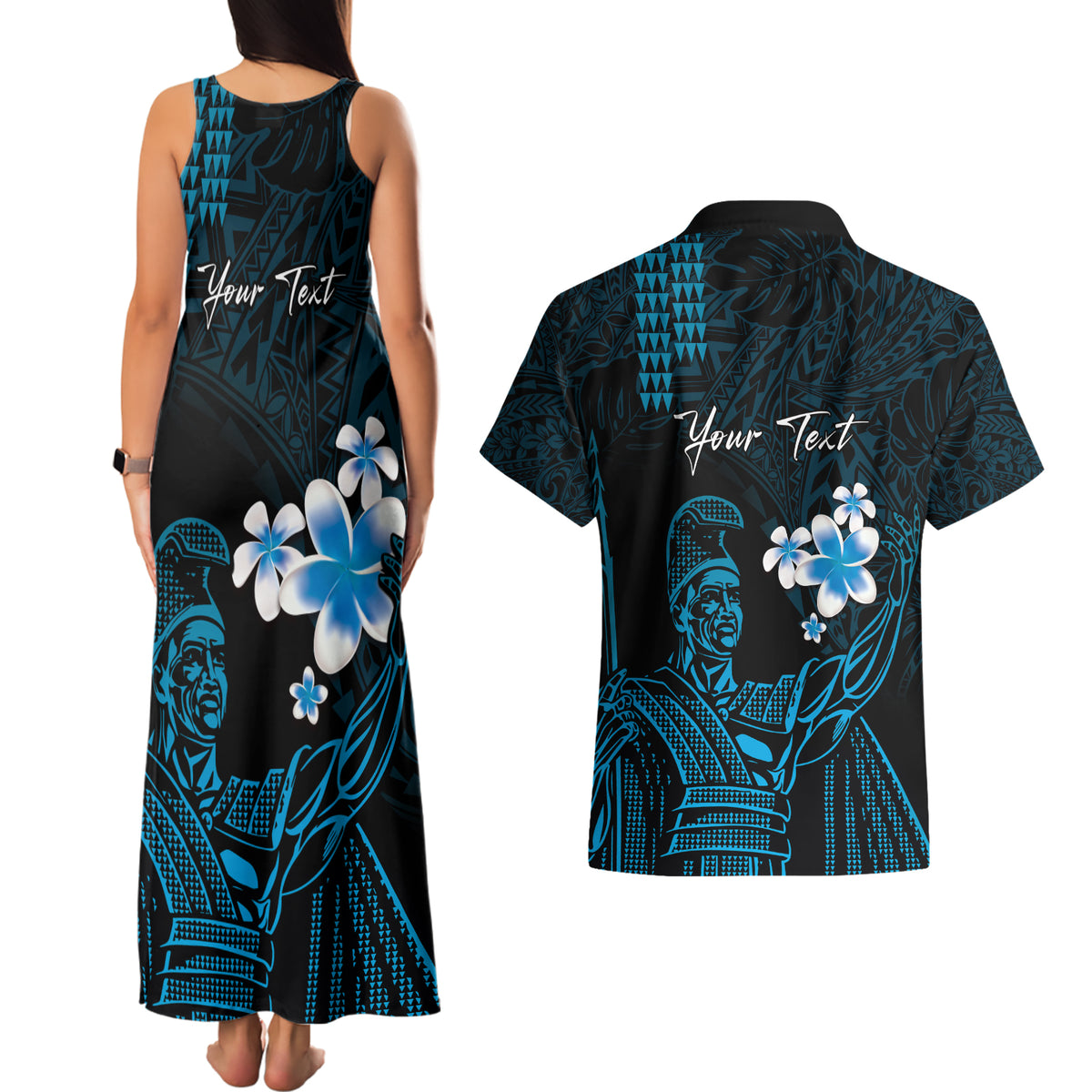 Personalised Hawaii King Kamehameha Day Couples Matching Tank Maxi Dress and Hawaiian Shirt Plumeria With Kakau Pattern - Blue