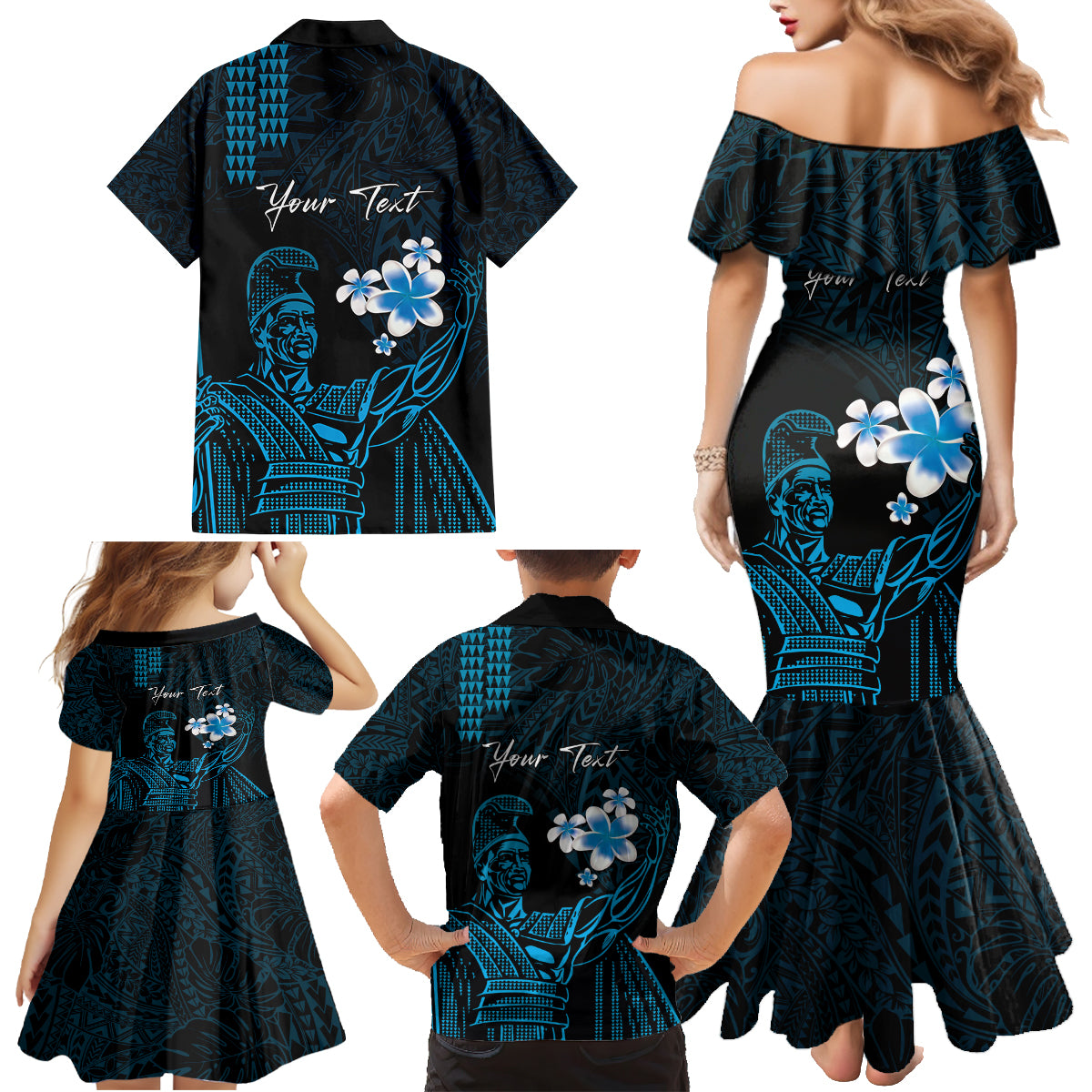 Personalised Hawaii King Kamehameha Day Family Matching Mermaid Dress and Hawaiian Shirt Plumeria With Kakau Pattern - Blue