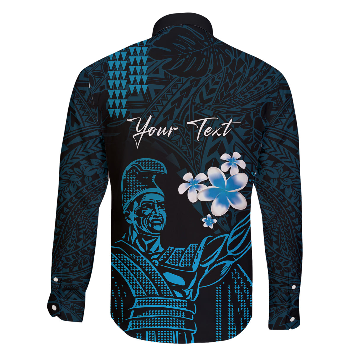 Personalised Hawaii King Kamehameha Day Family Matching Off The Shoulder Long Sleeve Dress and Hawaiian Shirt Plumeria With Kakau Pattern - Blue