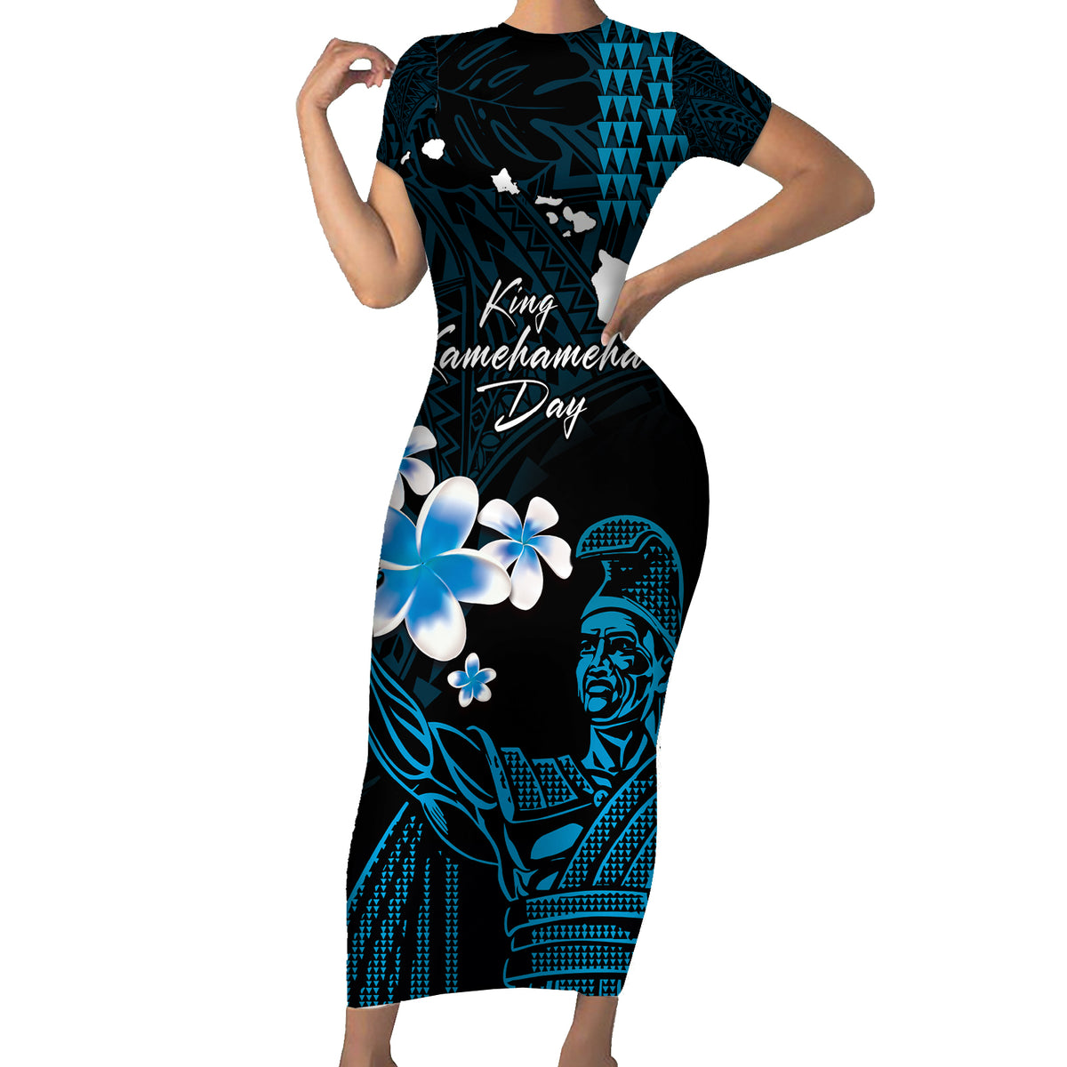 Personalised Hawaii King Kamehameha Day Family Matching Short Sleeve Bodycon Dress and Hawaiian Shirt Plumeria With Kakau Pattern - Blue