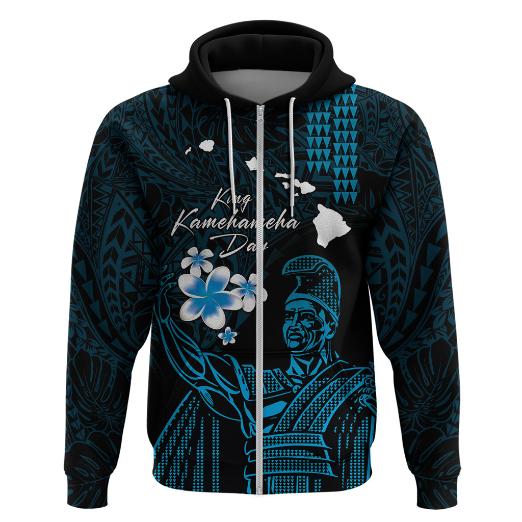 Personalised Hawaii King Kamehameha Day Hoodie Plumeria With Kakau Pattern - Blue