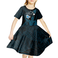 Personalised Hawaii King Kamehameha Day Kid Short Sleeve Dress Plumeria With Kakau Pattern - Blue
