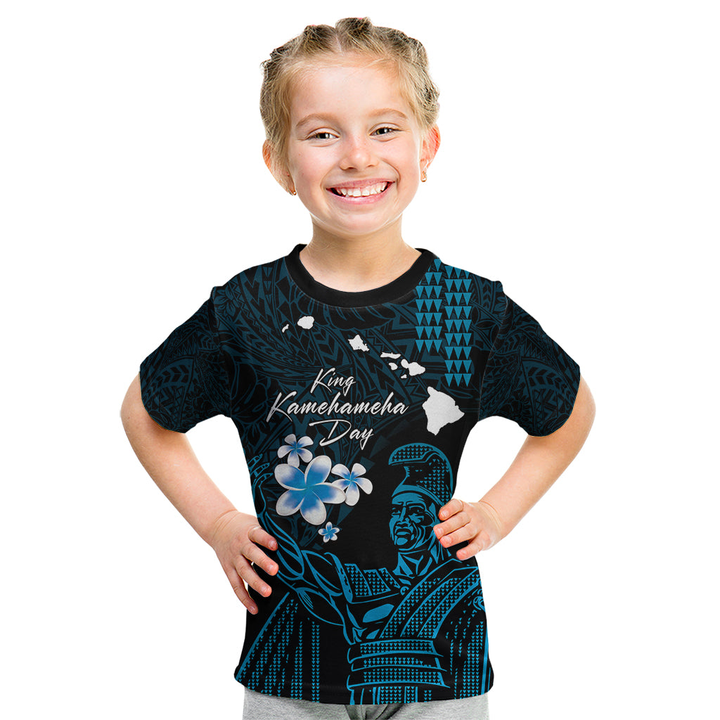 Personalised Hawaii King Kamehameha Day Kid T Shirt Plumeria With Kakau Pattern - Blue