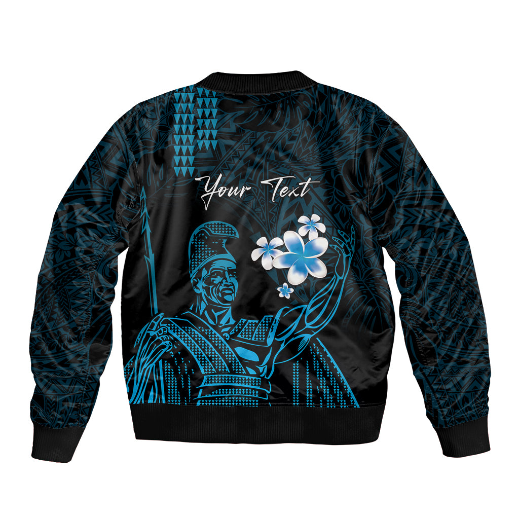 Personalised Hawaii King Kamehameha Day Sleeve Zip Bomber Jacket Plumeria With Kakau Pattern - Blue