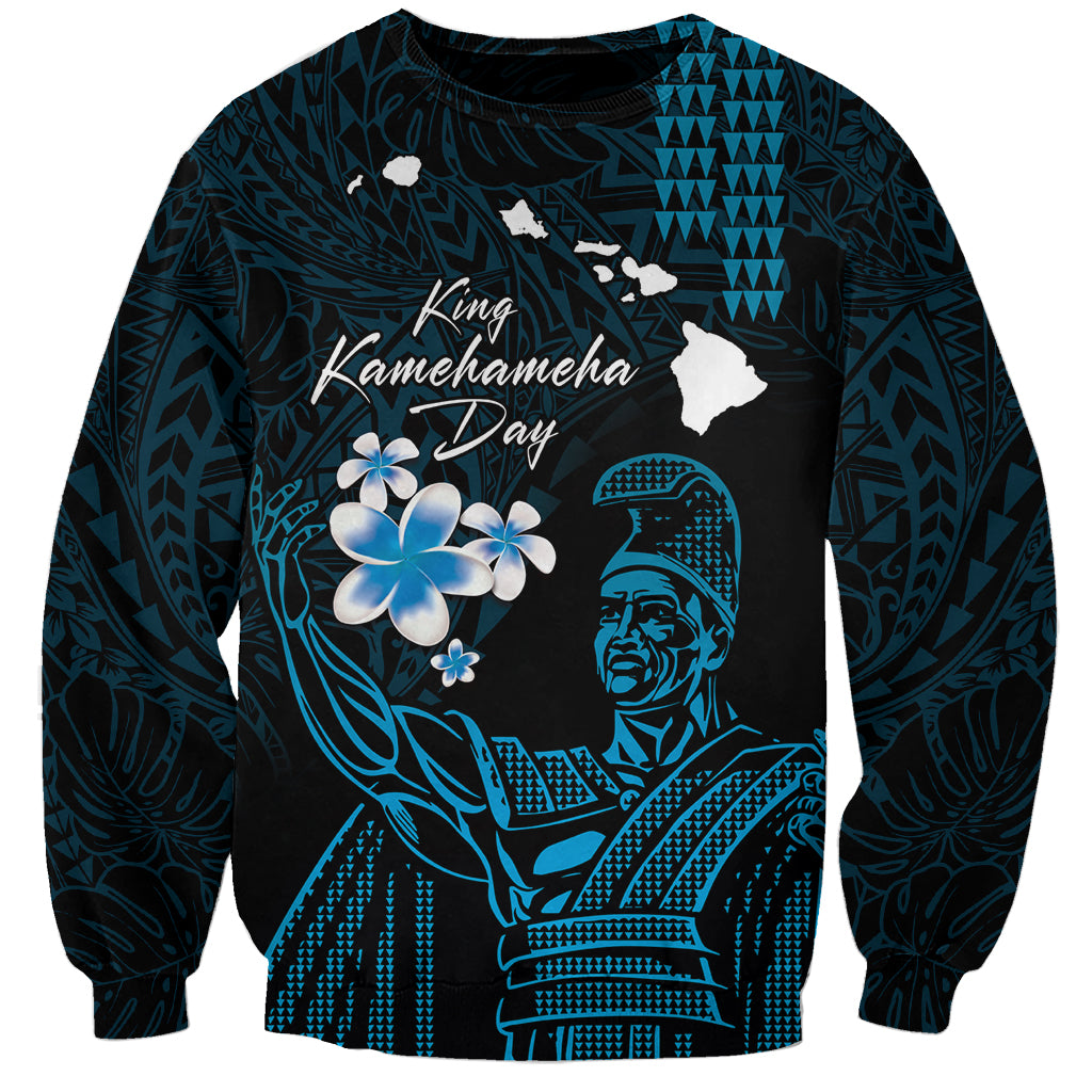 Personalised Hawaii King Kamehameha Day Sweatshirt Plumeria With Kakau Pattern - Blue