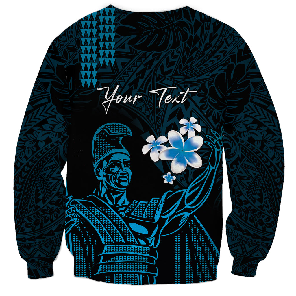 Personalised Hawaii King Kamehameha Day Sweatshirt Plumeria With Kakau Pattern - Blue