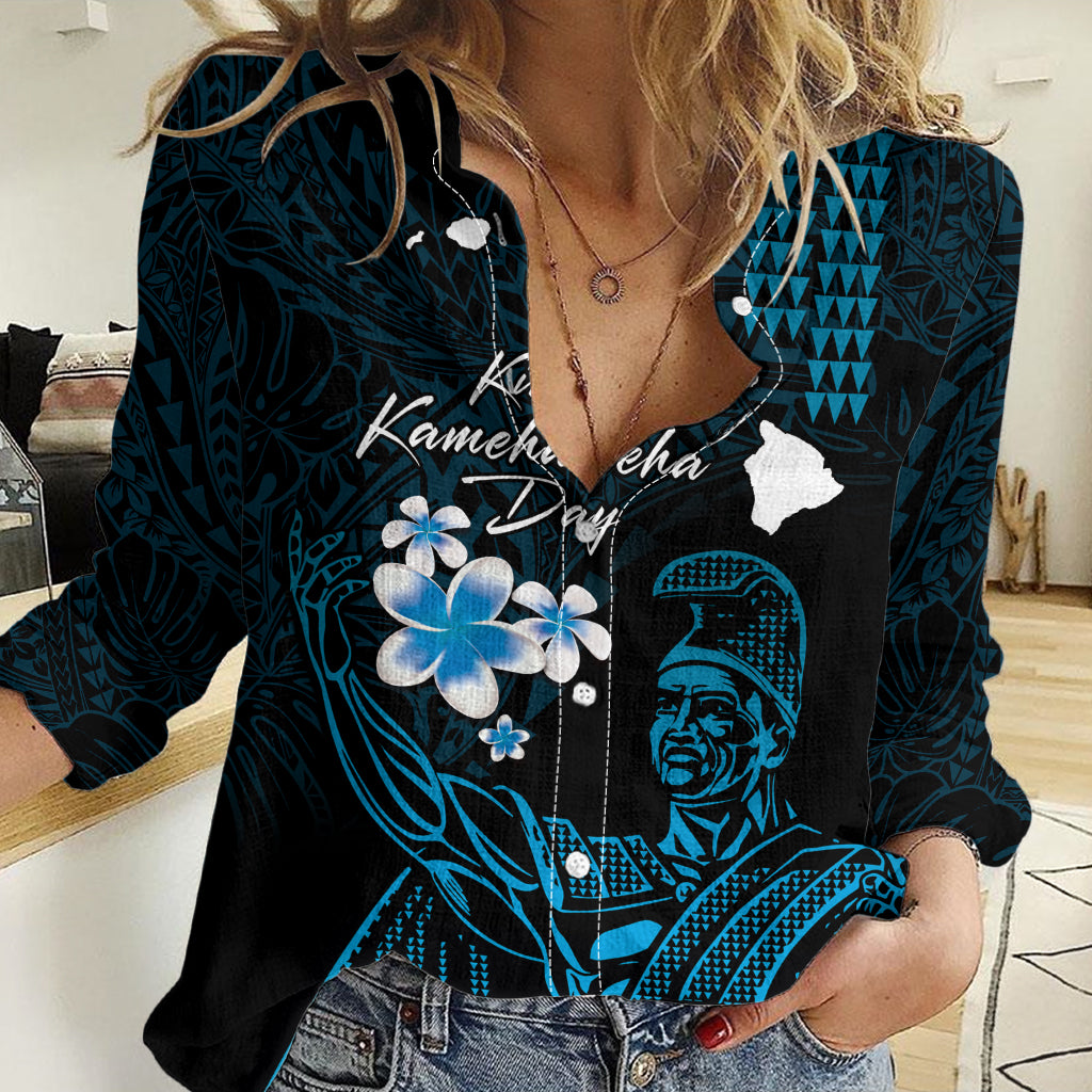 Personalised Hawaii King Kamehameha Day Women Casual Shirt Plumeria With Kakau Pattern - Blue