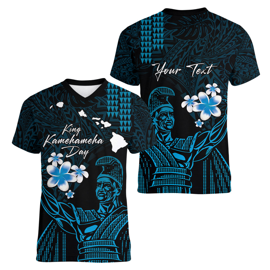 Personalised Hawaii King Kamehameha Day Women V Neck T Shirt Plumeria With Kakau Pattern - Blue