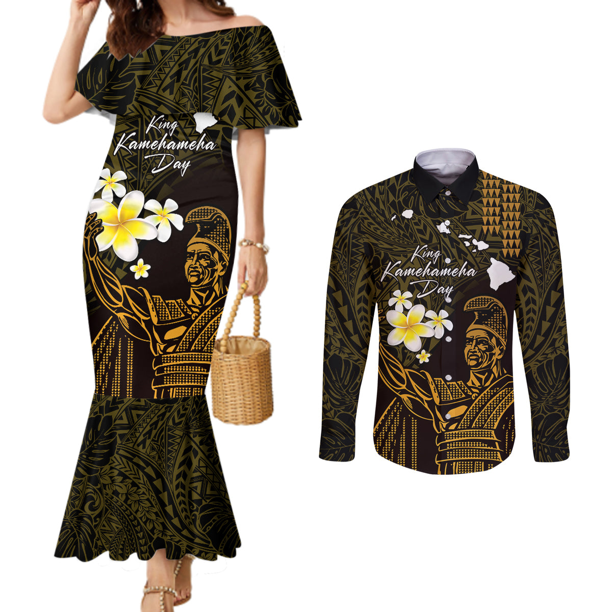 Personalised Hawaii King Kamehameha Day Couples Matching Mermaid Dress and Long Sleeve Button Shirt Plumeria With Kakau Pattern - Gold