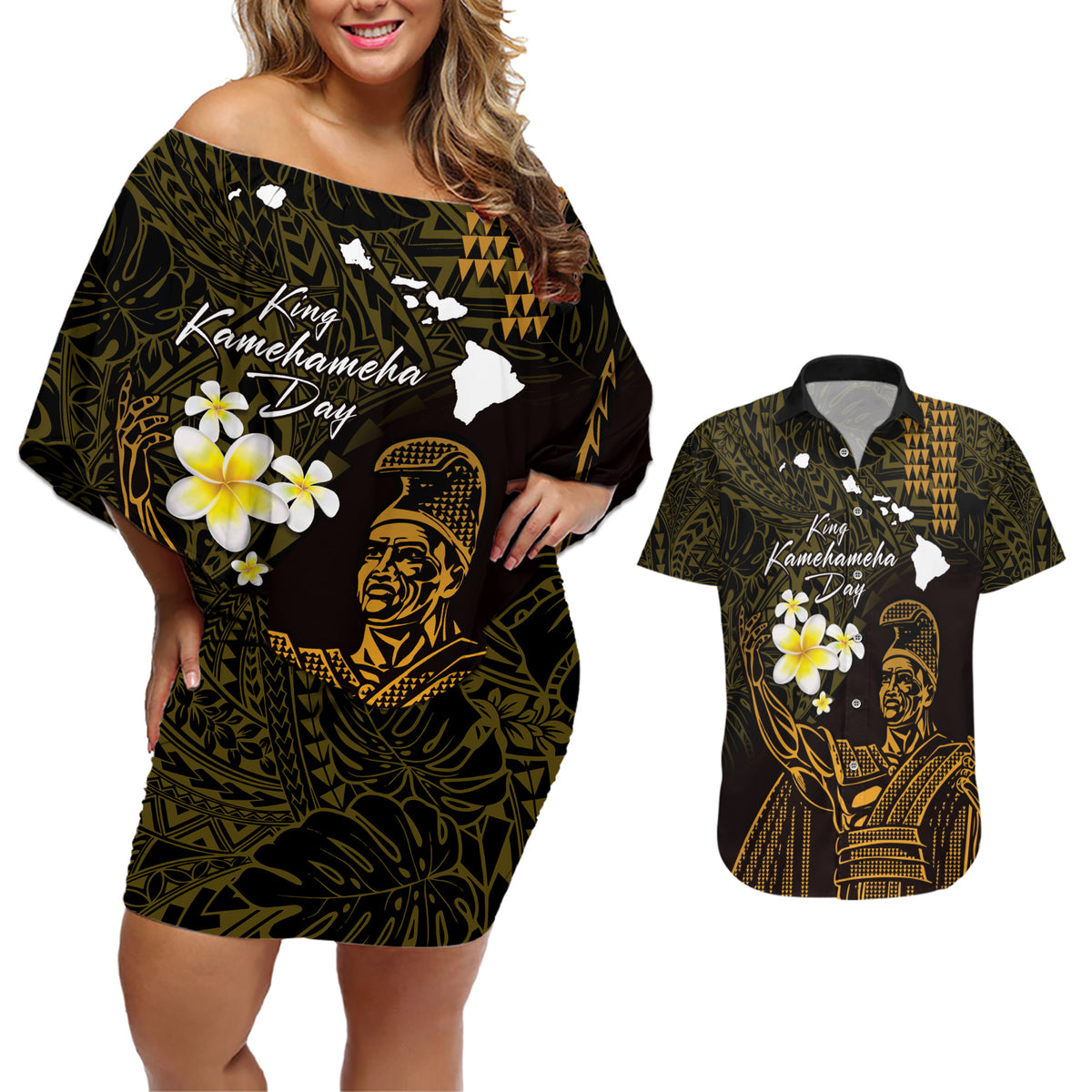 Personalised Hawaii King Kamehameha Day Couples Matching Off Shoulder Short Dress and Hawaiian Shirt Plumeria With Kakau Pattern - Gold