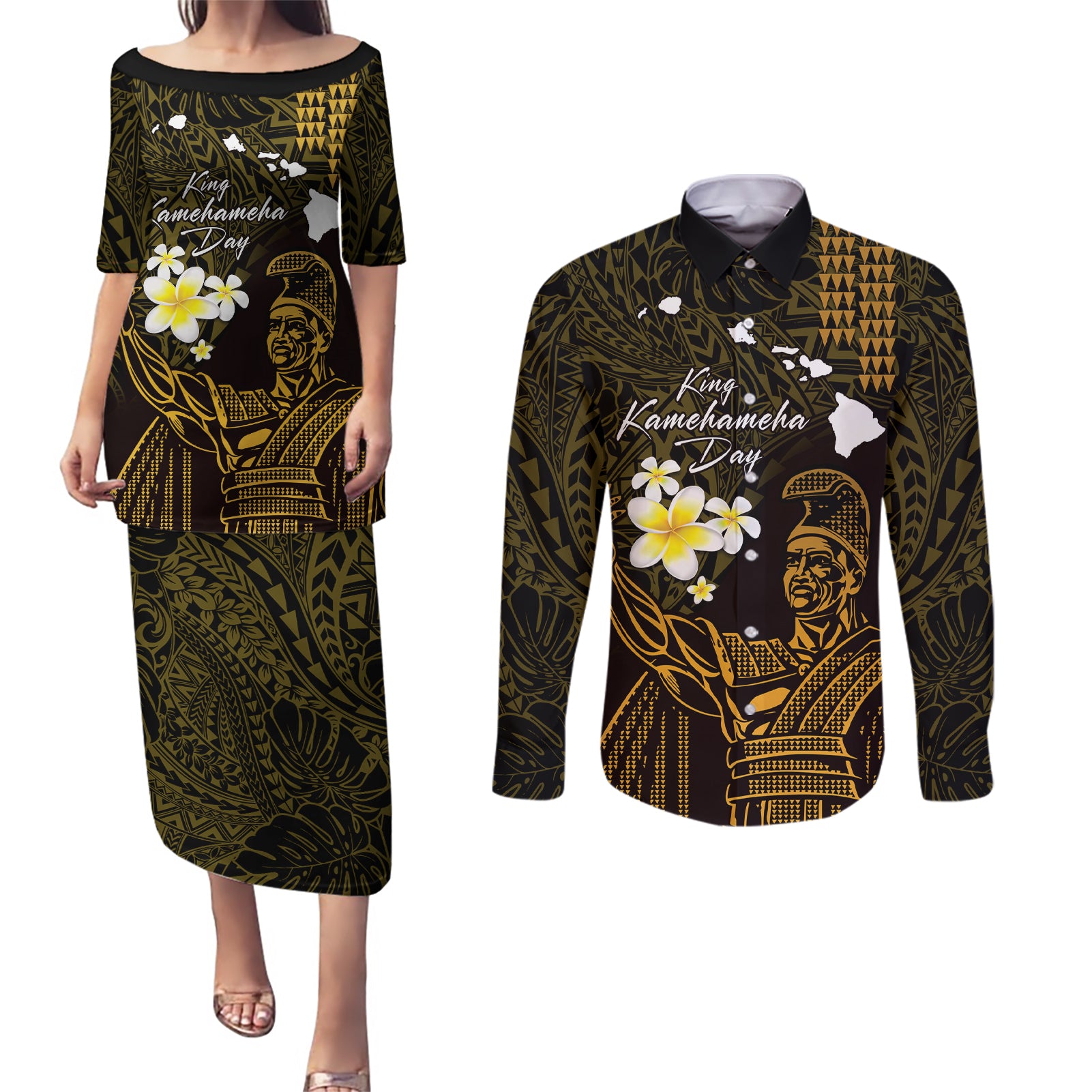 Personalised Hawaii King Kamehameha Day Couples Matching Puletasi and Long Sleeve Button Shirt Plumeria With Kakau Pattern - Gold