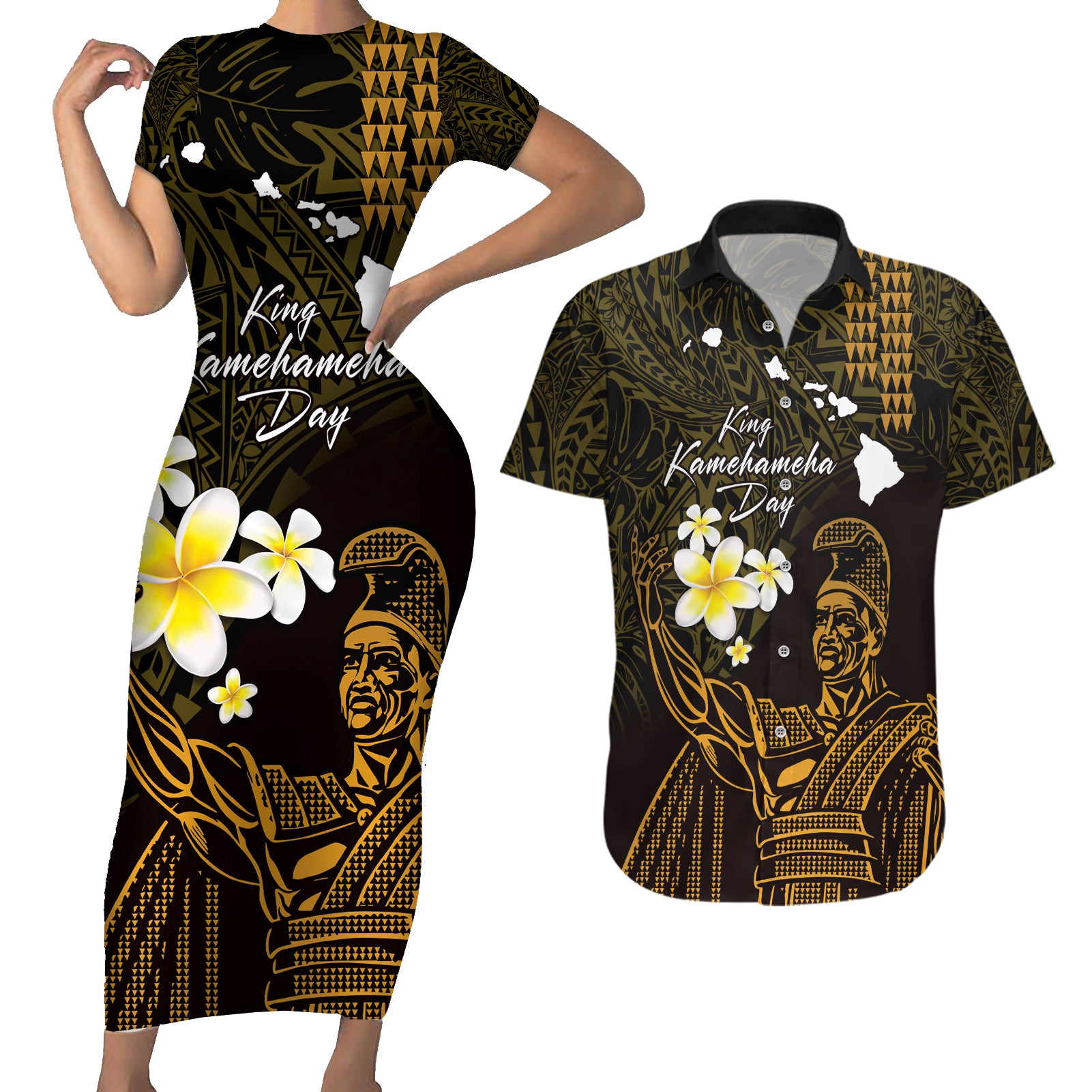 Personalised Hawaii King Kamehameha Day Couples Matching Short Sleeve Bodycon Dress and Hawaiian Shirt Plumeria With Kakau Pattern - Gold