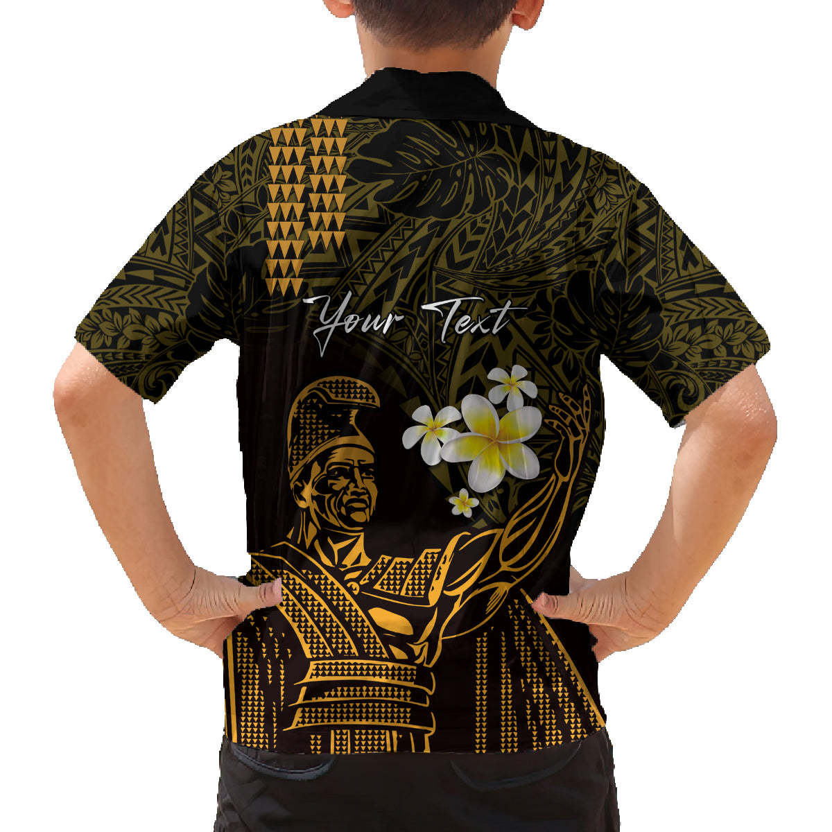 Personalised Hawaii King Kamehameha Day Family Matching Long Sleeve Bodycon Dress and Hawaiian Shirt Plumeria With Kakau Pattern - Gold