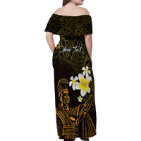 Personalised Hawaii King Kamehameha Day Family Matching Off Shoulder Maxi Dress and Hawaiian Shirt Plumeria With Kakau Pattern - Gold