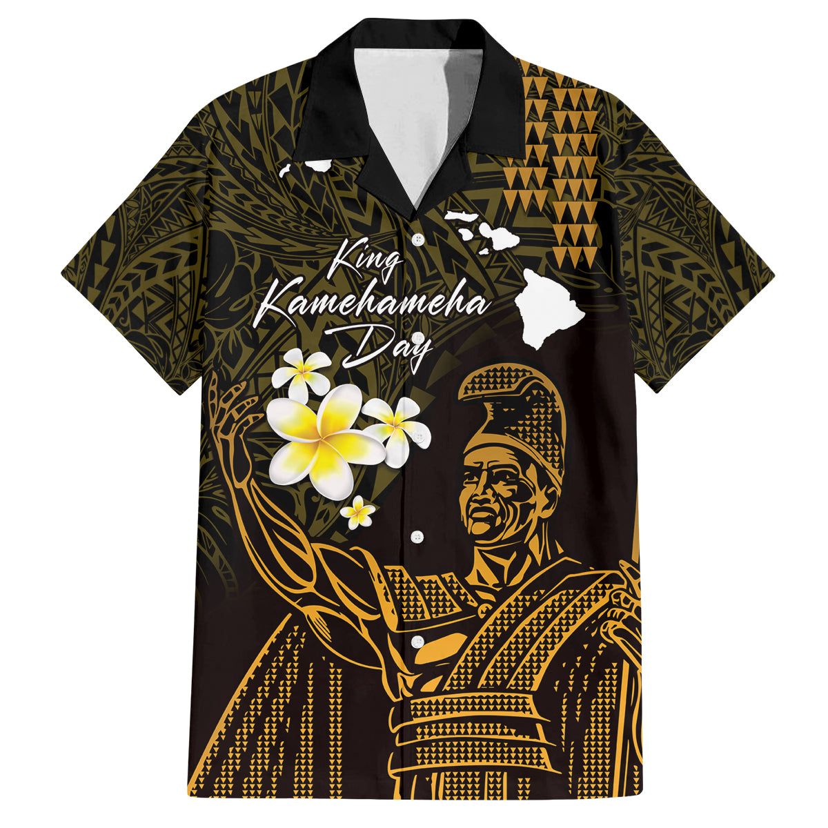 Personalised Hawaii King Kamehameha Day Family Matching Off Shoulder Short Dress and Hawaiian Shirt Plumeria With Kakau Pattern - Gold