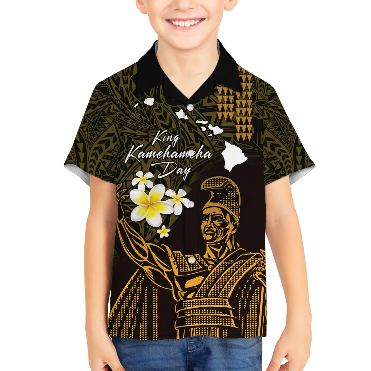 Personalised Hawaii King Kamehameha Day Family Matching Off Shoulder Short Dress and Hawaiian Shirt Plumeria With Kakau Pattern - Gold