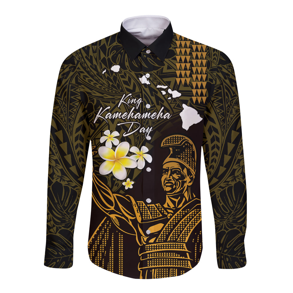 Personalised Hawaii King Kamehameha Day Long Sleeve Button Shirt Plumeria With Kakau Pattern - Gold