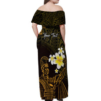Personalised Hawaii King Kamehameha Day Off Shoulder Maxi Dress Plumeria With Kakau Pattern - Gold